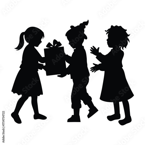 Children opening Christmas presents vector silhouette illustration 