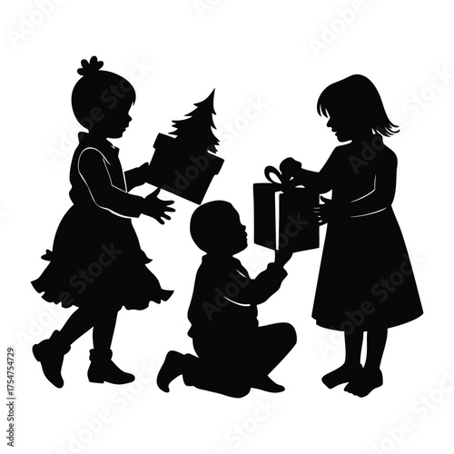 Children opening Christmas presents vector silhouette illustration 