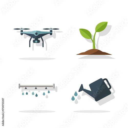 Illustrative icons of drone plant watering can and measurement tool elements