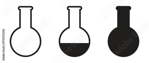 Laboratory Flask Icon Set. Empty, Half-Filled, and Full Round-Bottom Flask Vector Illustration.