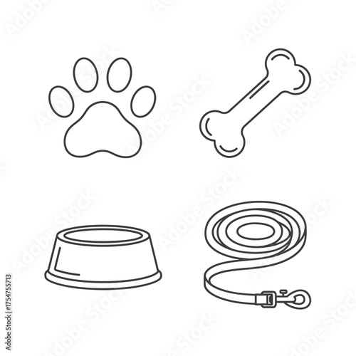 Pet care icon set paw bone bowl and leash isolated on white