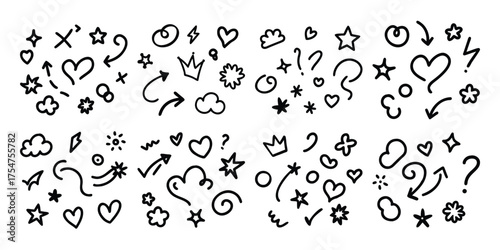 Collection of hand drawn doodle elements including hearts stars arrows clouds and flowers in black and white