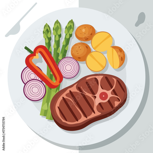 Plate of prepared food including steak vegetables and potatoes viewed overhead