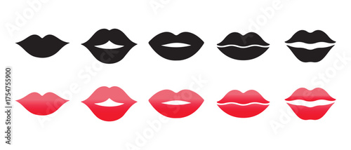 Set of lips icons. isolated on white background in black and red color.