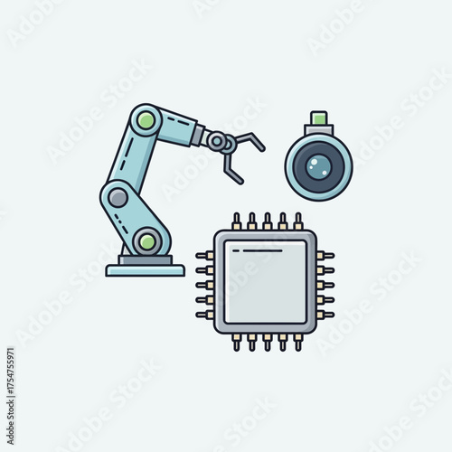 Robotic arm and integrated circuit icons representing automation and technological advancement