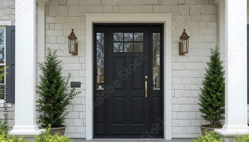 Contemporary farmhouse front door design, black entry door accented by brushed metal sconces, columns and vertical white wood siding completing the aesthetic