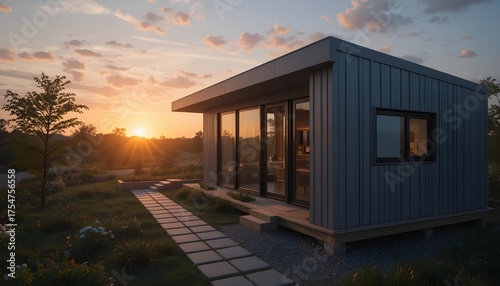 Elegant eco friendly heat pump unit beside contemporary house pathway at sunset symbolizing modern design environmental awareness and sustainable lifestyle