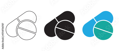 Pill and tablet icon set. isolated on white background for medical use.
