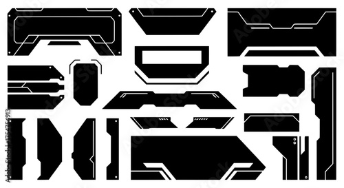 Collection of futuristic industrial shapes. High-tech monochrome vector elements for creating cyberpunk UIs, sci-fi decals, and modern gaming assets.