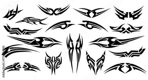 A collection of futuristic tribal style vector graphics presented as stickers. Sharp, dynamic shapes perfect for vehicle decals, racing wraps, or edgy tattoos.