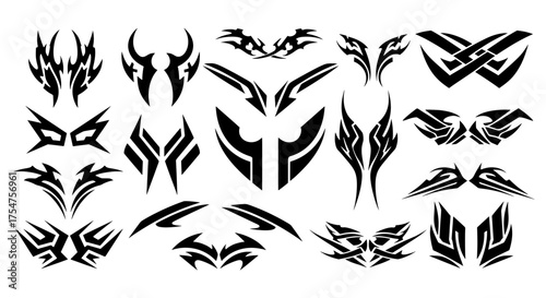 A versatile set of modern tribal vector designs with futuristic elements. Symmetrical shapes perfect for body art, tattoos, decals, logos, or graphic ornaments.