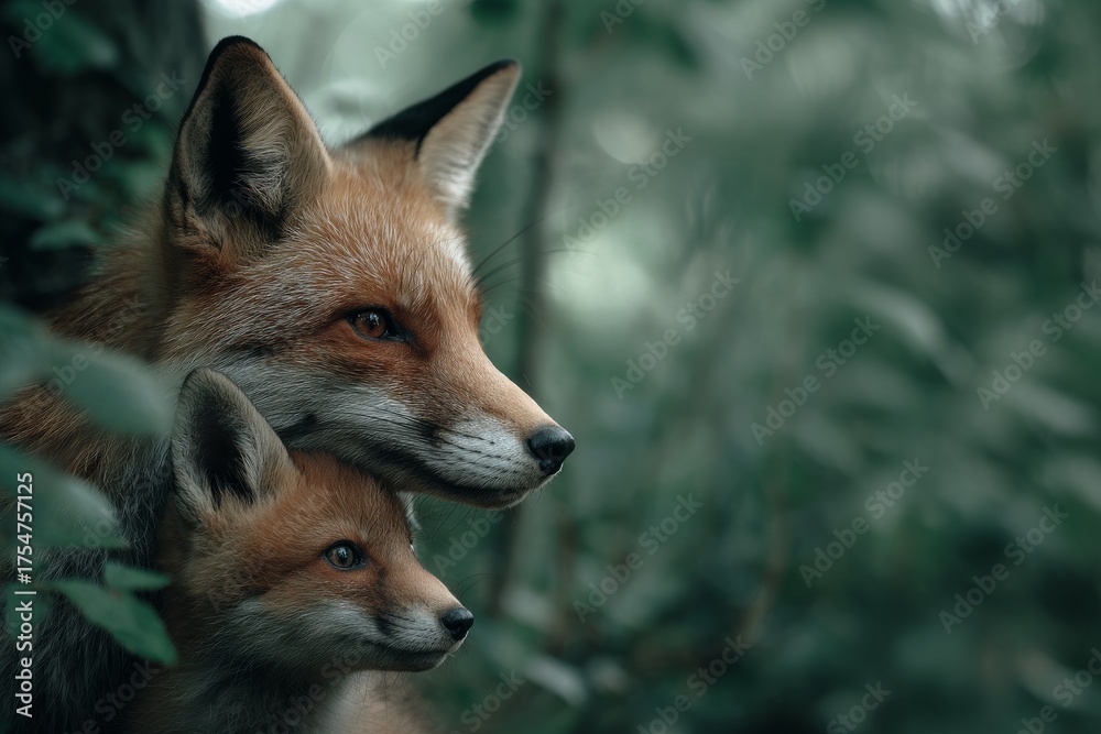 Fototapeta premium foxes in the autumn forest with copy space