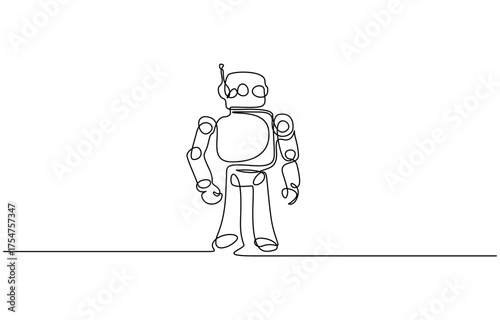 Continuous one line drawing toy robot for kids. One line continuous vector illustration isolated on transparent background. Editable outline