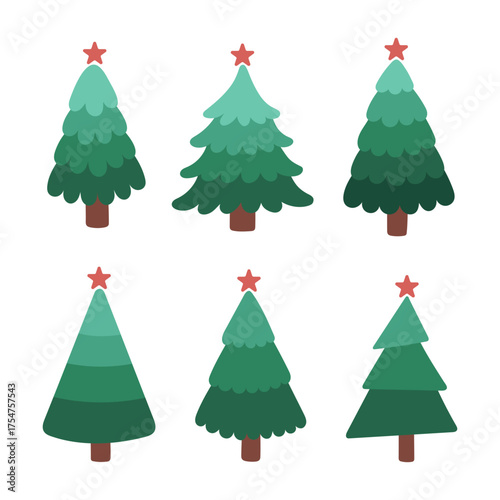 Christmas tree vector set with six different green fir trees decorated with red stars on top. Holiday illustration collection for winter design, greeting cards, and festive decorations.