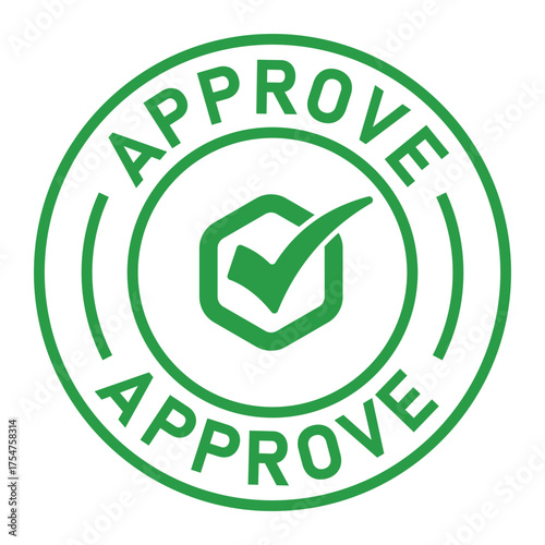 Green circular approval stamp graphic with bold “APPROVE” text and central checkmark icon. Ideal for confirmation, validation, business forms, and digital authorization designs.