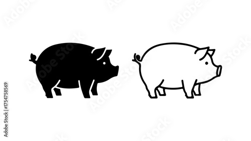 Pig silhouettes with outline style and transparent background