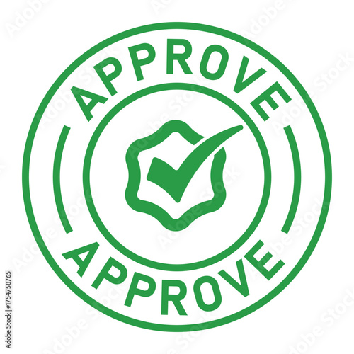 Green circular approval stamp graphic with bold “APPROVE” text and central checkmark icon. Ideal for confirmation, validation, business forms, and digital authorization designs.