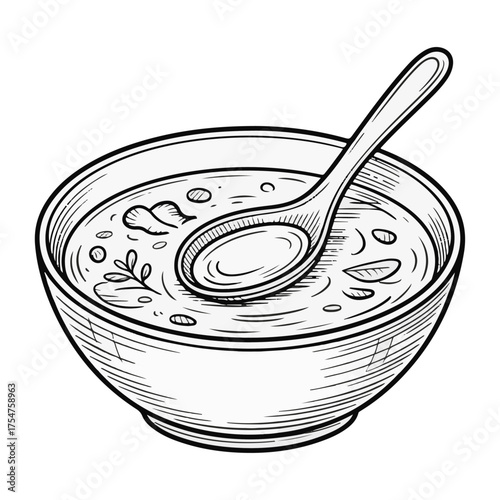 A simple yet elegant black and white sketch of a bowl of soup with a spoon resting inside, showcasing a comforting and warm meal
