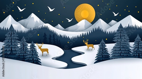 3D Wallpaper of Dark Blue and Gold Forest with Deer, Mountains and River
