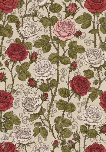Elegant roses and vines seamless pattern design for backgrounds etcetera