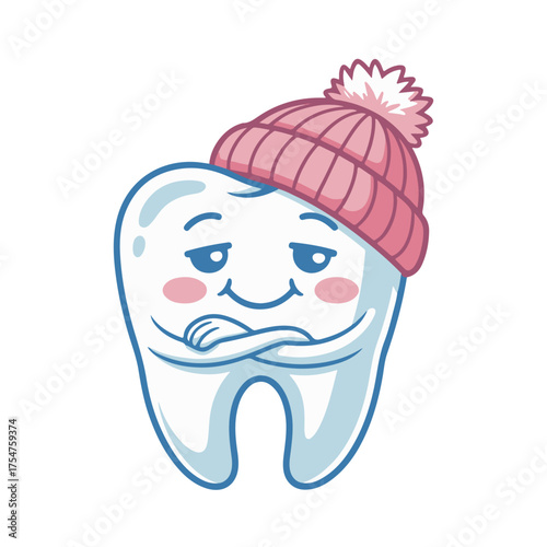 Cartoon tooth character wearing a pink winter hat and looking cold, symbolizing dental health and seasonal comfort for children's oral care awareness