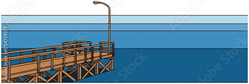 A wooden pier with a lamppost extends over blue water