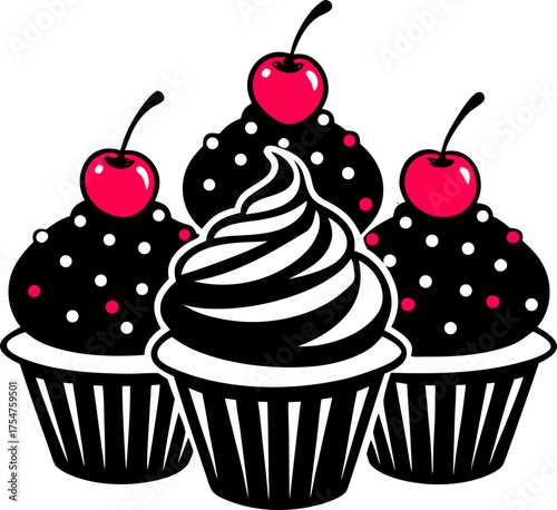 Cute chocolate cupcakes with frosting, sprinkles, and cherries. silhouette  vector black , white background  