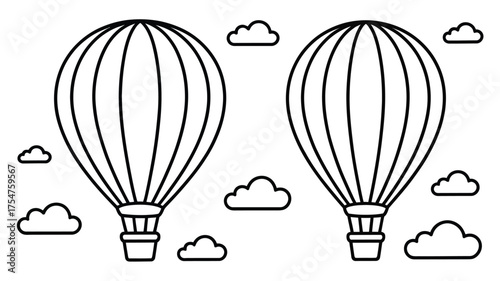 Two hot air balloons float peacefully among fluffy clouds in a simple line art design.