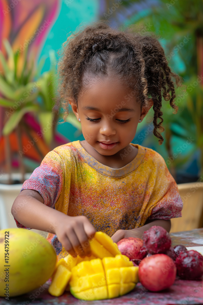 Fototapeta premium Young black girl playing with fresh fruits on colorful table 