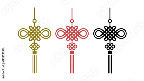 Three decorative Chinese knots in gold, red, and black, symbolizing good fortune and prosperity.