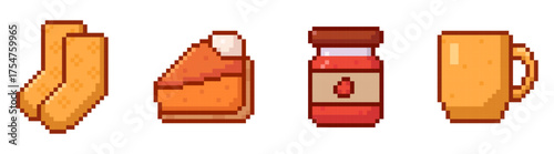 autumn pixel art icons, old 80s, 90s arcade 8 bit game style, fall season, pumpkin pie, strawberry jam, mug, tea, coffee, socks, cozy stickers, pixelated, harvest, holiday patches