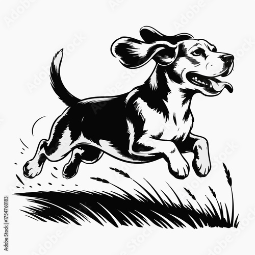 Black and white illustration of a cheerful beagle dog running and jumping happily through the grass, its ears flapping with joyful energy