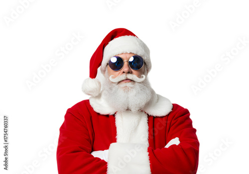 Santa Claus wearing sunglasses and a white beard posing with arms crossed against a white background