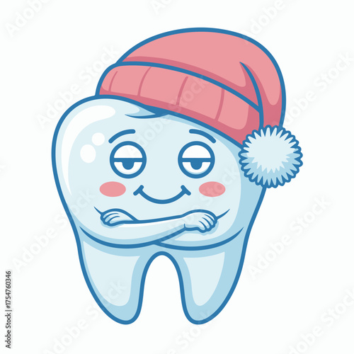 A cute cartoon tooth character wearing a cozy pink winter hat, feeling sleepy and content. A charming dental mascot illustration for children's oral hygiene