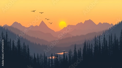 3D Wallpaper of Dark Blue and Gold Forest with Deer, Mountains and River
