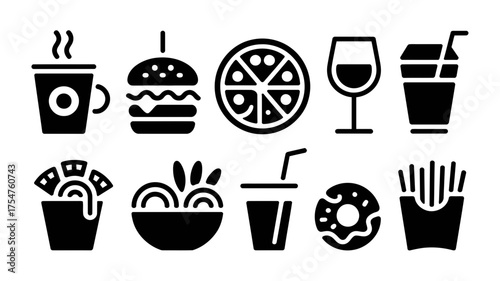 Collection of popular fast food and drink icons, presented as simple black silhouettes on a white background.