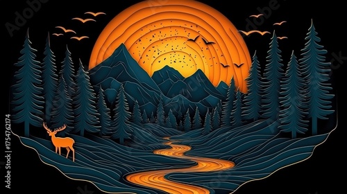 3D Wallpaper of Dark Blue and Gold Forest with Deer, Mountains and River
