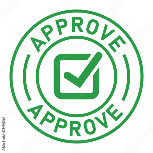 Green circular approval stamp graphic with bold “APPROVE” text and central checkmark icon. Ideal for confirmation, validation, business forms, and digital authorization designs.