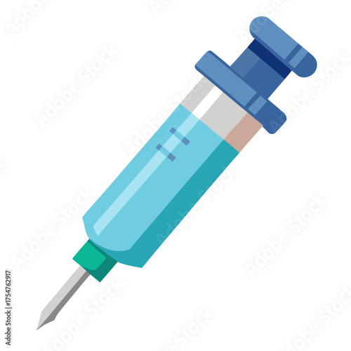 A blue and green medical syringe with a needle for injections or vaccinations