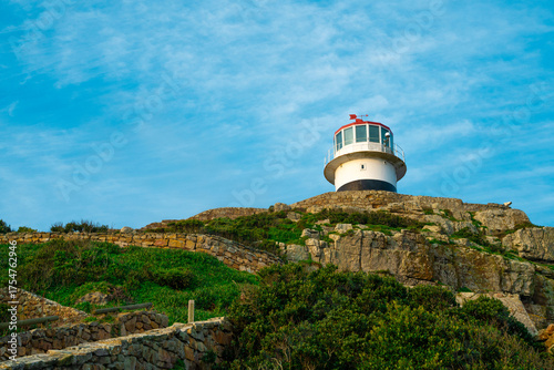 The lighthouse at the Cape of Good Hope in South Africa, with blue sky and cliffs