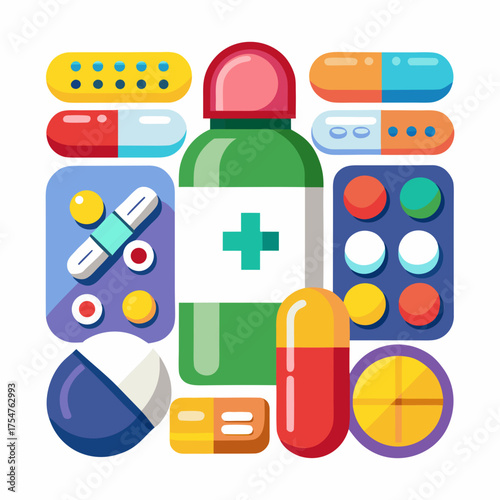 A Colorful Assortment of Pharmaceutical Medications and Medical Supplies for Healthcare and Wellness