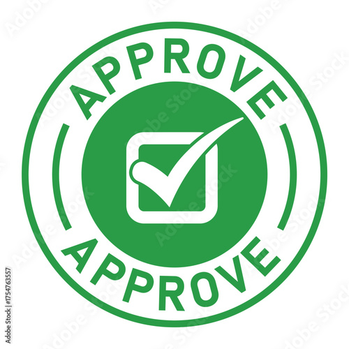 Green circular approval stamp graphic with bold “APPROVE” text and central checkmark icon. Ideal for confirmation, validation, business forms, and digital authorization designs.