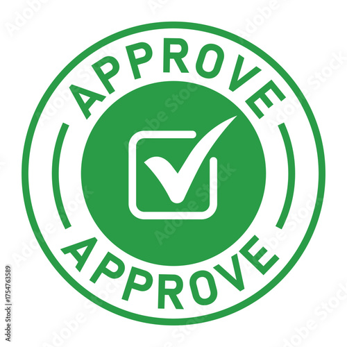 Green circular approval stamp graphic with bold “APPROVE” text and central checkmark icon. Ideal for confirmation, validation, business forms, and digital authorization designs.