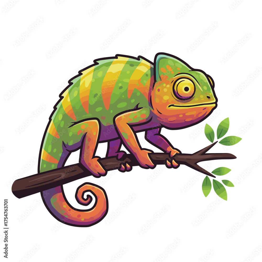 Obraz premium Cartoon Chameleon on Branch - Vibrant and Detailed Illustration.