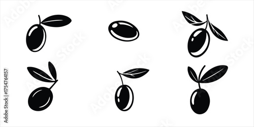 Olive silhouette vector icon set on white background, six set olive and leaf icon vector set.