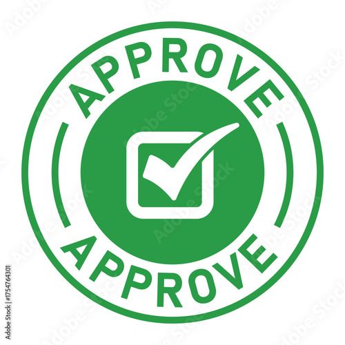 Green circular approval stamp graphic with bold “APPROVE” text and central checkmark icon. Ideal for confirmation, validation, business forms, and digital authorization designs.