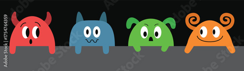 Happy Halloween. Monster set icon line. Funny face head colorful silhouette. Cute kawaii cartoon baby character. Eyes teeth fang horn tongue hands. Flat design. Black background. Vector illustration