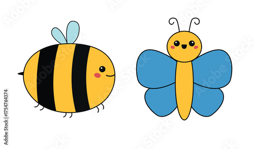 Bee bumblebee honeybee Butterfly icon. Cute kawaii cartoon funny character. Flying insect. Childish style. Happy Valentines Day. Card Sticker print. Flat design. White background. Isolated. Vector