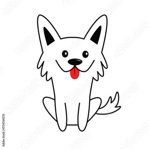 Dog happy square smiling face head icon. Red tongue out. Black nose, eyes. Contour line. Kawaii funny animal. Cute cartoon puppy character. Greeting card. Flat design. White background. Vector