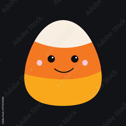 Candy corn with smiling face. Happy Halloween. Cute cartoon kawaii baby character. Striped triangle sweet food. Greeting card. Flat design. Isolated. Black background. Isolated. Vector illustration